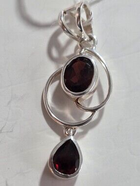 Sterling Silver Garnet Double-Drop Pendant - Deep Red